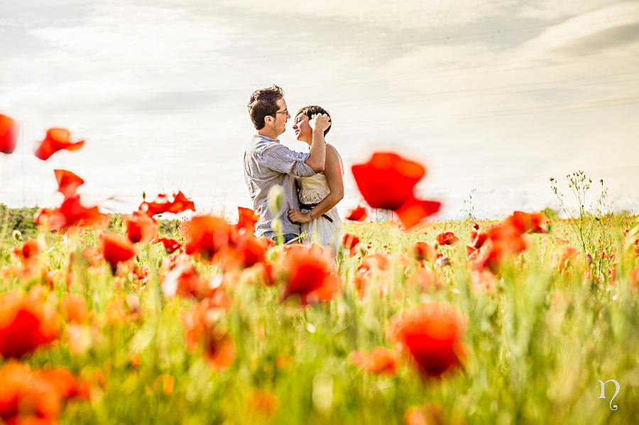 Noemie Artycam fotografia fotografos preboda León campo amapolas pareja flores