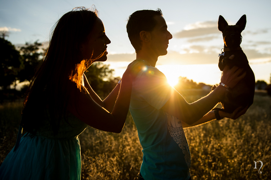 Preboda pareja perro silueta atardecer contraluz campo fotografos Bierzo Ponferrada Noemie artycam fotografia