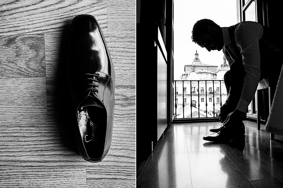 detalle zapatos novio calzarse negro habitación hotel ventana NH plaza Mayor León